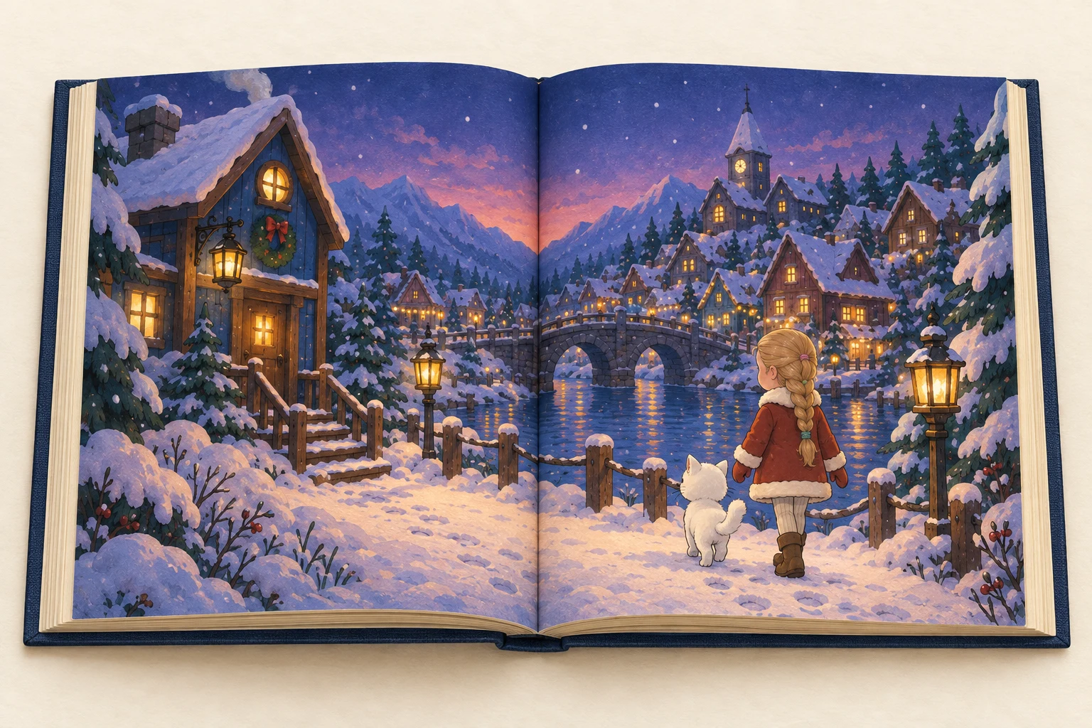 An illustrated storybook showing character and Holly on their snowy Christmas adventure