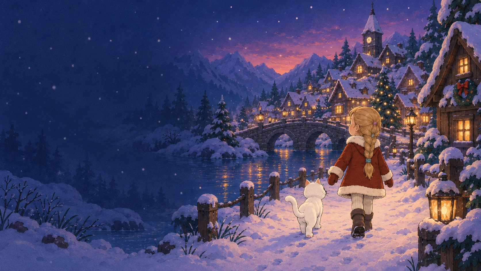Character and Holly in the snowy village