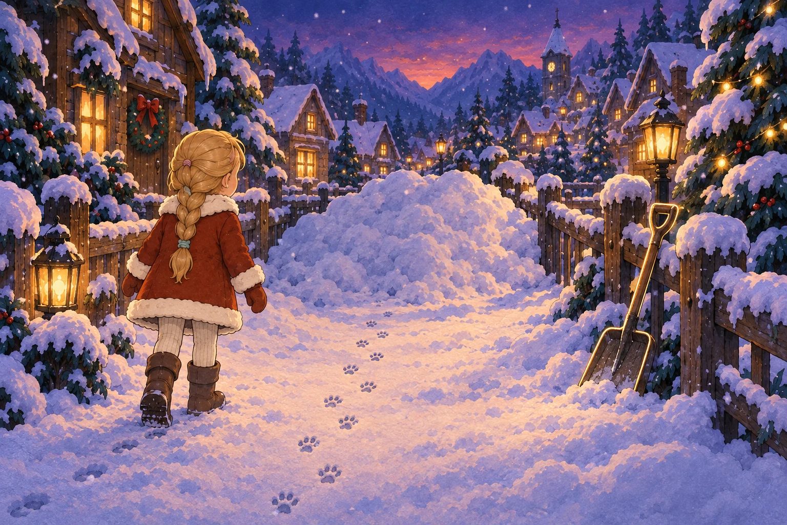 Follows a clear trail of paw prints to a snow mound, with a highlighted shovel nearby.